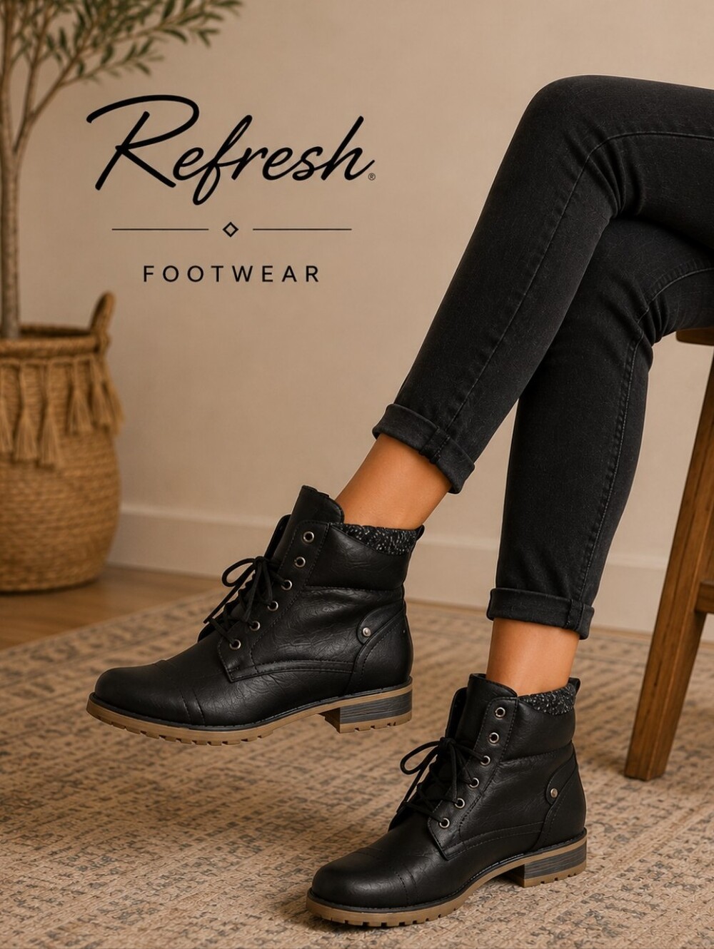 Refresh Womens Booties Black Lace-Up Ankle Low Heal Combat Style WYNNE-01 Size 6